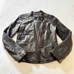 Maje Asymmetric Leather Moto Jacket Womens Size 3‎ L Brown Biker Gold Zip Edgy thumbnail 2