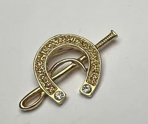 Vintage Gerry’s Rhinestone Horse Shoe With Riding Crop Brooch Pin Gold Tone thumbnail 1