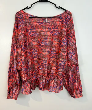 Free People Pink/Blue Metallic Smocked Floral Dolman Sleeve Peplum Top Large thumbnail 1