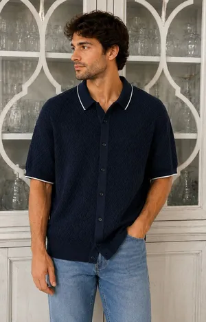 Abercrombie & Fitch Textured Knit Polo Shirt Navy Blue XXL thumbnail 1