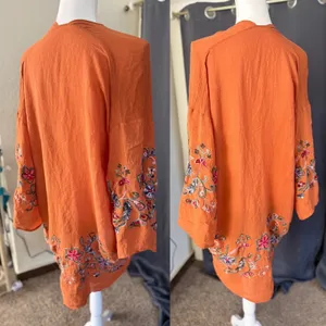 Boho Embroidered Kimono Cardigan Duster Rust Floral Open Front Festival One Size thumbnail 2