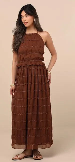 NWT Lulus Madriana Brown Halter Neck Ruffed Midi Dress Bohemian Summer Sz M thumbnail 1