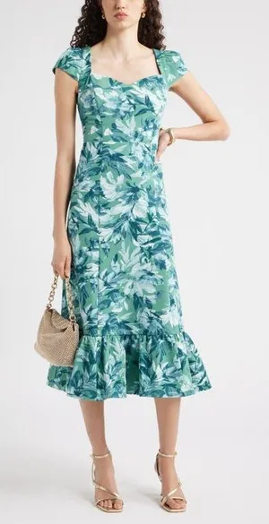NWT Chelsea28 Green Sweetheart Neckline Cap Sleeve Midi Dress Size Small thumbnail 1