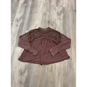 Free People Embroidered Long Sleeve Babydoll Top Plum Mauve Cotton Size Medium thumbnail 2