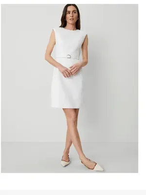 NWOT Ann Taylor Belted Shift Dress Linen Blend White SZ-10 thumbnail 2