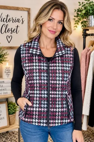 Christopher & Banks Houndstooth Quilted Vest Black & Pink Large Like New thumbnail 1