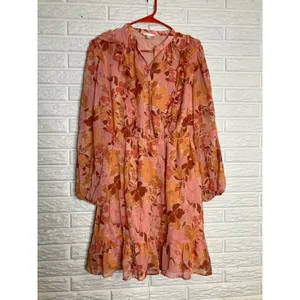 LC Lauren Conrad Floral Mini Dress Womens Large Pink Orange Excellent Ruffle thumbnail 3