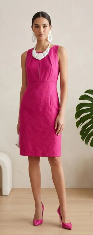 R&K Originals Hot Pink Floral Jacquard Sheath Dress Sz 10 Pleated Neck Cocktail thumbnail 1