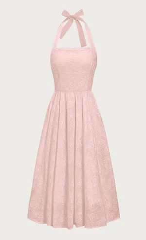 Rihoas Pink Embroidery Halter Midi Dress thumbnail 5