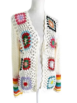 Granny Square Boho Crochet Cardigan Cream Patchwork Size L Size L thumbnail 3
