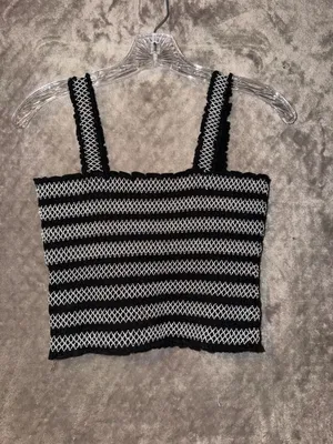 Aeropostale Black and White Striped Smocked Crop Tank Top thumbnail 4