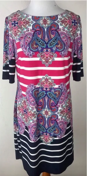 Eliza J Printed Jersey Shift Dress Shorter Sleeves Size 6 Stripes thumbnail 1