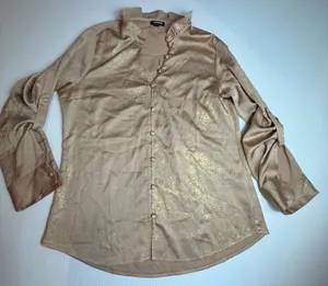 Express Womens Gold Metallic Foil Ruffle Neck Button Front Blouse Top Medium‎ thumbnail 1