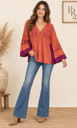 Jodifl Embroidered V-Neck Bell Sleeve Babydoll Top Orange Magenta G13191 thumbnail 1