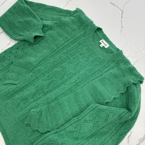 &Merci Sweater Womens Size Large Green Ruffles Pointelle Long Sleeve thumbnail 2