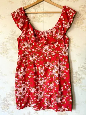 Free People Red Floral Cutout Ruffle Backless Mini Dress Festival Coquette L thumbnail 3
