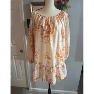 Cider Floral Off The Shoulder Mini Dress Orange Cream Ruffle Hem Long Sleeve M thumbnail 2