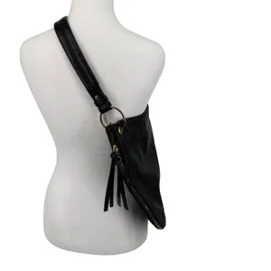 Black Leather Hobo Shoulder Bag Gold Hardware Tassel Detail Slouchy Purse Moto‎ thumbnail 2