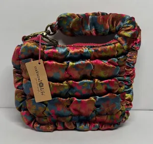 Natural Life Puffy Mini Clip-On Pouch - Teal Pink Floral Velvet - #1050 thumbnail 1