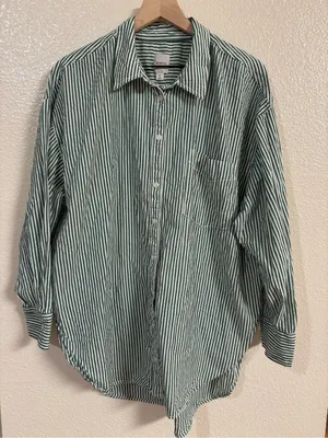 MAEVE 100% Cotton Bennet Stripe Buttondown Shirt in green and white thumbnail 1