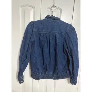 Denim Jacket Puff Sleeve Dark Wash Blue Smocked Back Mock‎ Neck Vintage Style thumbnail 7