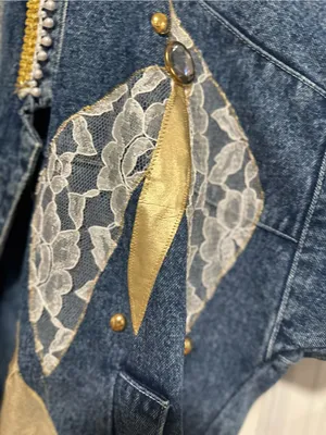 VTG 80s AFSY SzS Loose embellished denim coat gold metallic appliqué lace bead. thumbnail 8