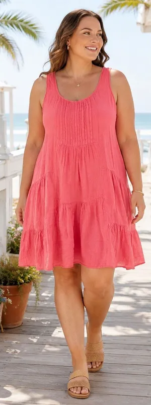 Tempo Paris Lagenlook Dress Womens XL Pink Linen Tiered Sleeveless Made Italy thumbnail 1