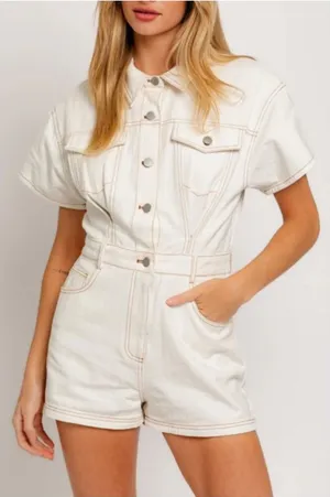 LELIS‎ Collection Off White Denim Romper Utility Belted Women’s Size S thumbnail 1