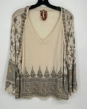 Free People Linen Blend Metallic Border Print Bell Sleeve Top Women S Cream thumbnail 1