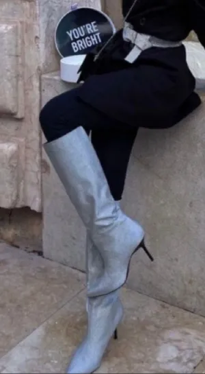 ZARA Silver Rhinestone Heeled Knee High Boots Heels thumbnail 1