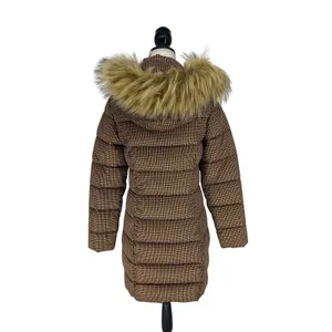 C-RO Denmark Houndstooth‎ 2-Way Stretch Puffer Coat with Faux Fur Hood Size 4 thumbnail 13