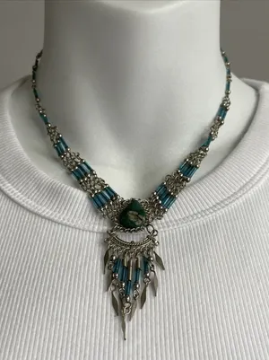 Source Unknown Handmade Glass Bead With Turquoise Collar Necklace Boho Teardrop thumbnail 1