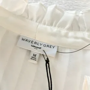 Waverly‎ Grey Tie Neck Ruffle Blouse Womens Size M White Smocked Sleeve Striped thumbnail 5