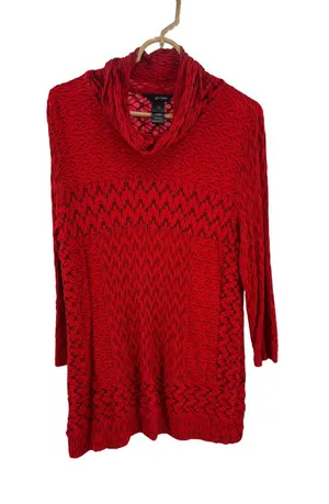 Ali Miles Red black Textured Knit Turtleneck tunic Top L stretch casual career thumbnail 1