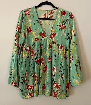 Free People Blue Red Floral V-neck Babydoll Blouse Fairycore Flowy Women's Small thumbnail 1