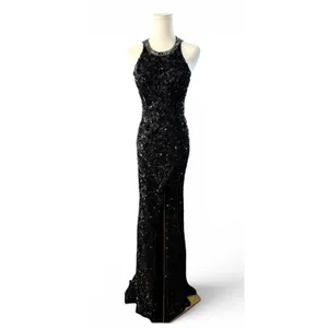 Sherri Hill 51430 Black Sequin Halter Gown Open Back High Slit‎ NWT Size 0 thumbnail 4