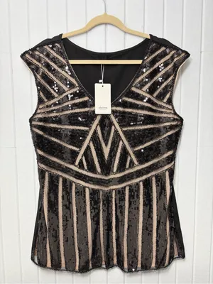 Metme Black Sequin V-Neck Evening Top‎ Size XXL thumbnail 3