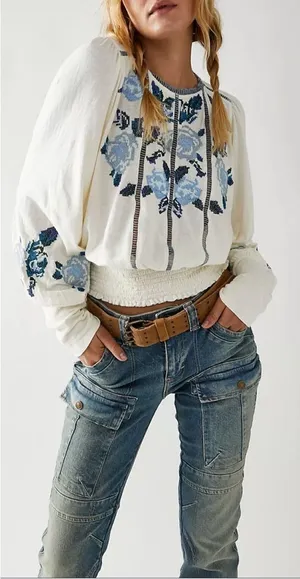 free people felicity embroidered top peasant prairie cream smocked Linen blend L thumbnail 1