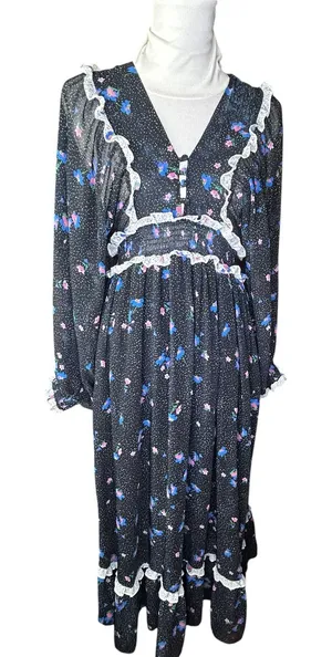 New Anthropologie Alders’ ruffle tiered dress size 0 polka dot chiffon maxi navy thumbnail 1
