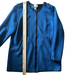 Chicos Boiled Wool Jacket Womens Sz‎ 2 L Blue Faux Leather Trim Zip Front Blazer thumbnail 9