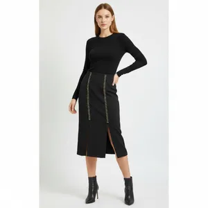 Erez Collections Midi Bedazzled Skirt 100% Wool Gold Studs Slits Black Women's S thumbnail 2