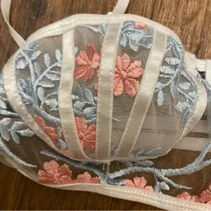 Shein Womens Bra Bralette S Small 34” Beige Sheer Pink & Blue Embroidered Floral thumbnail 3