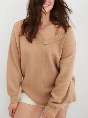 Aerie Wonder Textured V-Neck Sweatshirt thumbnail 1