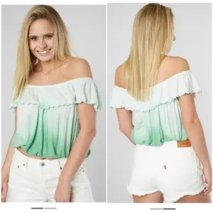 Free People Cora Lee Green and White Off the Shoulder Ombré Top, EUC, Medium thumbnail 2