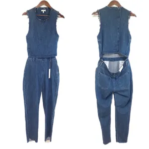 ELLA MOSS Denim Sleeveless Jumpsuit Size 27 Blue Jean Open Back Tapered‎ Raw Hem thumbnail 3