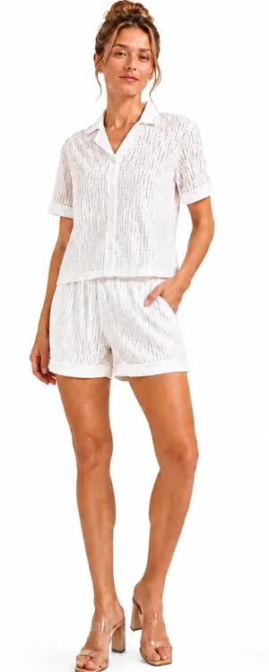 Rivir White Eyelet Button Front Top & Shorts Set Small thumbnail 1
