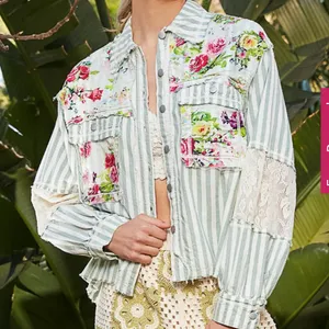 POL Striped Sage Multi Balloon Sleeve Printed Woven Mixed Print Shirt Shacket thumbnail 1