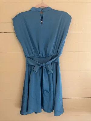High-Neck Sky Blue Mini Dress with Defined Waist thumbnail 2