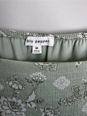 Blu Pepper Sage Green Floral Puff Sleeve Cottagecore Mini Dress Medium thumbnail 3