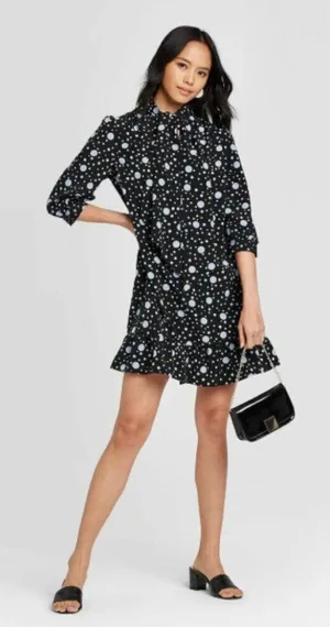 Who What Wear Black & Blue Polka Dot Ruffle Mini Dress‎ L thumbnail 1